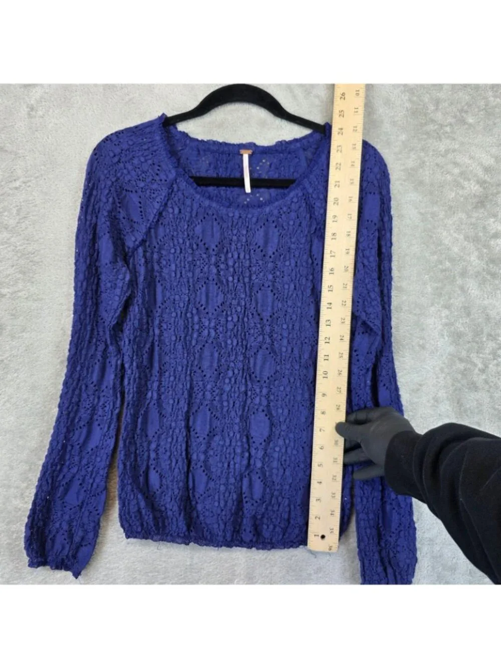 Free People Sunny Pucker Lace Top Womens M Blue Long Sleeve Stretch Boho
